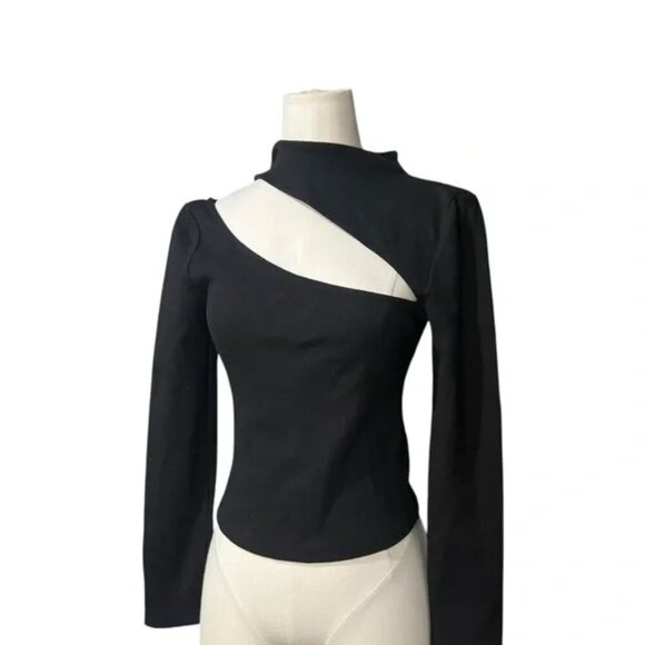 Anthropologie Long Sleeve Black Cut Out Top Ribbed knit Asymmetrical shirt in XS - Picture 5 of 6